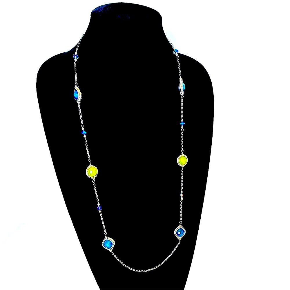 LOFT | Silver-Tone Long Station Necklace with Blue & Green Faceted Beads | NEW - Picture 5 of 8